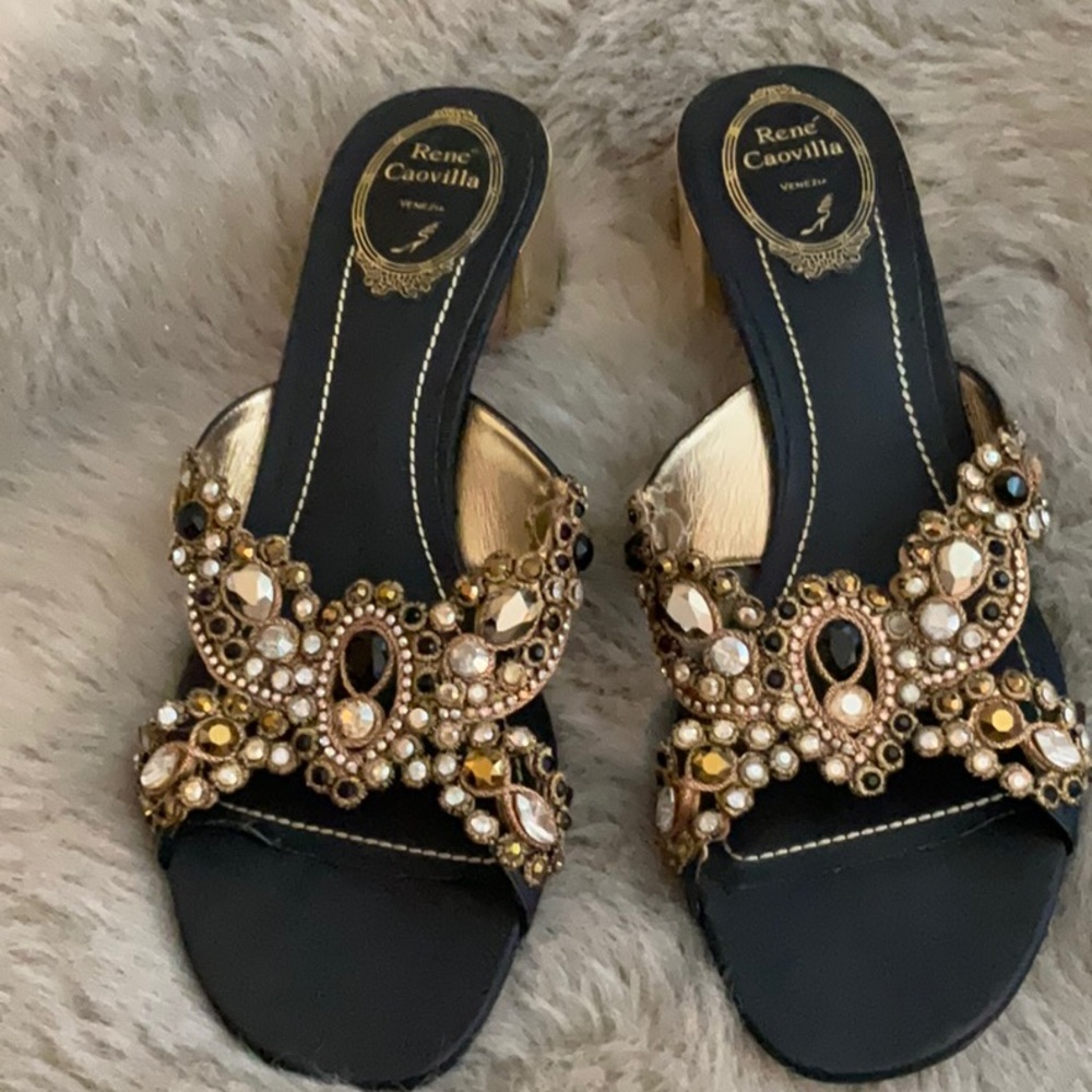 Rene Caovilla stunning jeweled and mirror gold heel shoes 39.5 9 black and gold